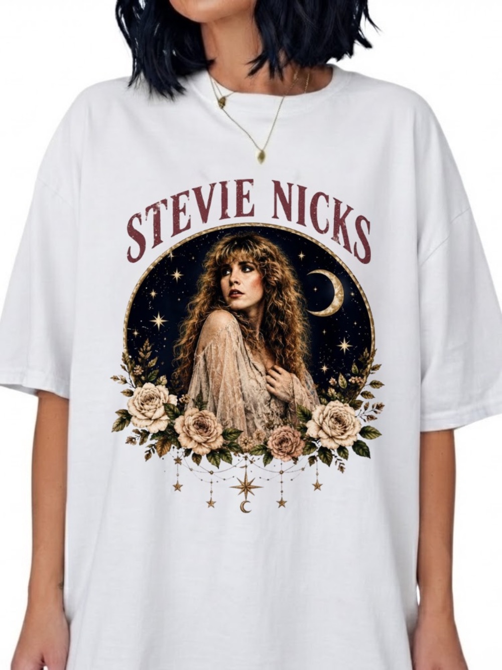 Stevie Nicks Moon Stars Roses Botanical Vintage White T-Shirt